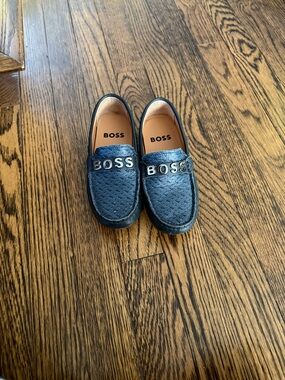 Boss Navy Blue Embossed Leather Logo Moccasins